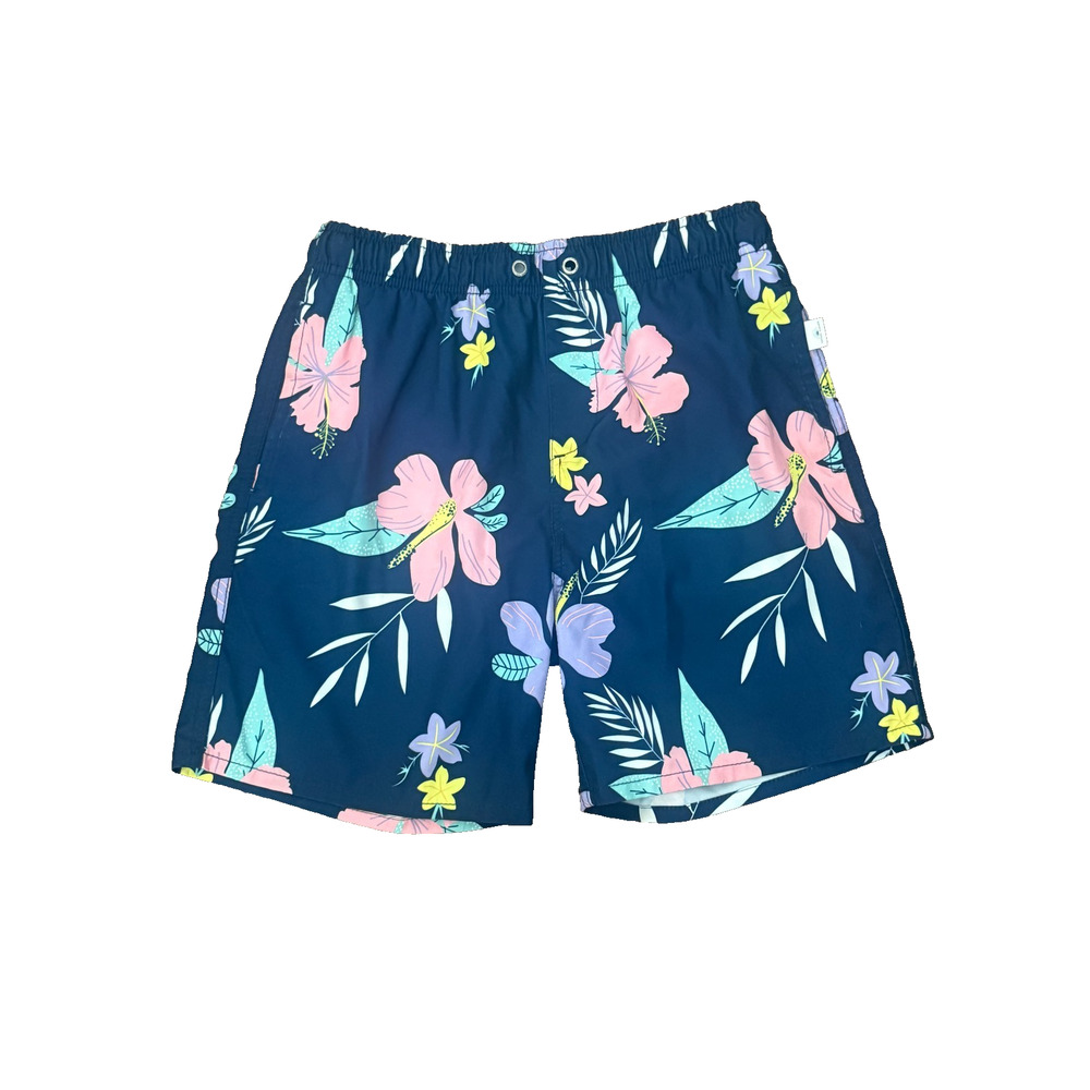 Vintage Summer Navy Blue Floral Youth Boys Swim Trunks Mesh Lining Drawstring 14